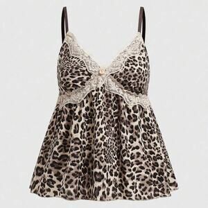 Y2K Lace Trim Babydoll Leopard Print Top - Size 1X